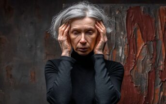 An older woman with gray hair and a black turtleneck holds her head with both hands, eyes closed, appearing stressed or deep in thought, standing in front of a textured, abstract background.