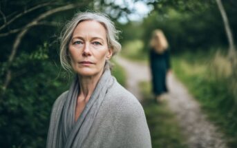 A mature woman with gray hair and a gray shawl stands on a forest path, looking at the camera; in the blurred background, another woman walks away along the path, surrounded by greenery.