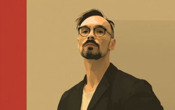 A digital illustration of a man with glasses, short dark hair, and a beard, wearing a black jacket over a white shirt, standing against a beige background with a vertical red stripe on the left.