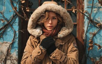 A person in a brown winter coat with a fur-lined hood and scarf stands in front of a weathered blue wall, holding their gloved hands near their face, surrounded by dried vines.