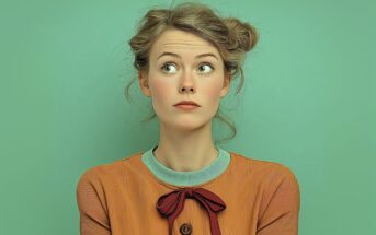 A young woman with messy hair in two buns, wearing an orange top with a bow, stands against a plain green background, looking up and to the side with a curious and thoughtful expression.