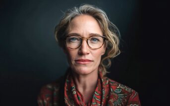 A middle-aged woman with wavy blonde hair, wearing glasses and a patterned scarf, looks confidently at the camera against a dark, blurred background.