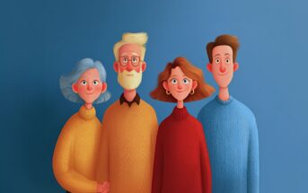 A digital illustration of four smiling people standing together against a blue background, wearing colorful sweaters—two older adults on the left and two younger adults on the right.