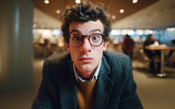 A young man with curly hair and round glasses, wearing a tweed jacket and sweater, sits indoors at a table, looking surprised. The background is softly blurred with people and warm lighting.