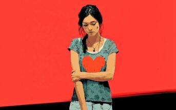 Illustration of a young woman with dark hair, looking down sadly, standing against a bright red background. She wears a blue t-shirt with a large red heart on it and holds her opposite arm in a gesture of discomfort or shyness.