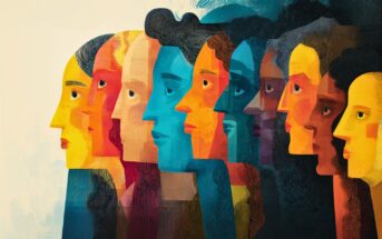 A colorful digital illustration of diverse human profiles lined up in a row, facing left. The faces are depicted in various shades of yellow, orange, blue, and red with textured, abstract features.