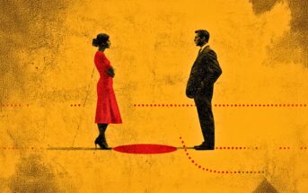 A woman in a red dress and a man in a suit stand facing each other across a red circle on a textured yellow background with dotted lines, suggesting distance or conflict.