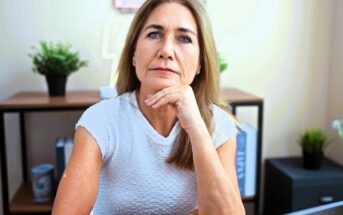A middle-aged woman with straight, light brown hair sits at a desk, resting her chin on her hand and looking thoughtfully at the camera. She wears a textured white top, and books and plants are on a shelf behind her.