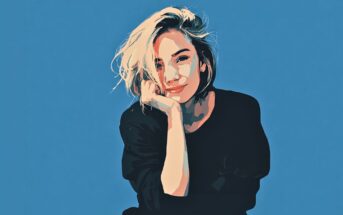 A digital illustration of a person with short, light-colored hair wearing a dark top, smiling softly with their head resting on one hand, set against a solid blue background.