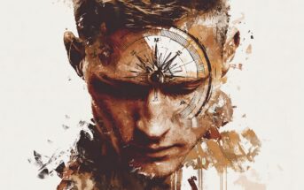 A digital painting of a man with his eyes closed, featuring a large compass superimposed on his forehead, symbolizing introspection and searching for direction. The image has abstract, splattered brown and beige tones.