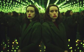 A woman with pale skin and dark hair stands next to a mirrored wall in a room filled with green lights, creating infinite reflections. She wears a dark coat and looks directly at the camera with a serious expression.