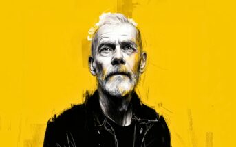 A digital illustration of an older man with a white beard and hair, wearing a dark jacket, set against a bright yellow background. The portrait uses sketch-like, expressive lines and shading.