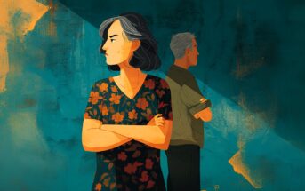 An illustration of a woman and a man standing back to back, both with arms crossed and looking away from each other, against a textured teal and orange background. The woman wears a floral dress and the man wears a dark shirt.
