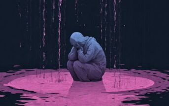 A person in a hoodie sits curled up with their head down, surrounded by streams of pink liquid falling and pooling on the ground, creating a reflective surface in a dark, abstract environment.