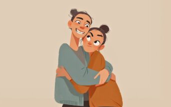 Two animated people with hair in buns hug each other. The person on the left smiles widely, while the person on the right looks off to the side with a neutral expression. Both wear cozy jackets against a plain beige background.
