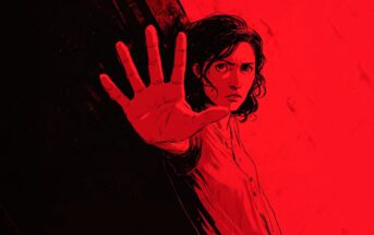 Stylized illustration of a person with curly hair and a serious expression, holding one hand forward as if signaling to stop. The background is red with black shading on the left side.