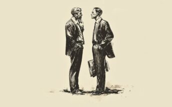A sketch of two men in suits standing and facing each other, seemingly engaged in conversation; one holds a folder while the other has a hand on his chin and his other hand in his pocket.