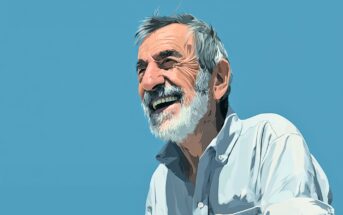 A digital illustration of an older man with gray hair and a beard, wearing a light-colored button-up shirt, smiling against a clear blue sky.