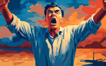 A digital painting of a man in a white shirt, arms raised, shouting with a dramatic expression. Vivid sunset clouds in blue, orange, and pink tones fill the sky behind him.