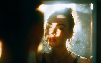 A woman with light shining across her face looks into a mirror, her expression calm and thoughtful. The warm light creates dramatic shadows and highlights on her face and background.