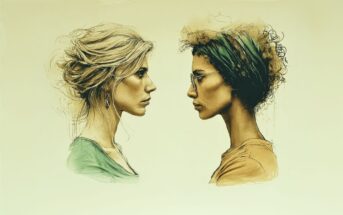Sketch of two women in profile facing each other. One has blonde hair in an updo and a green top. The other has dark curly hair with a green headband and glasses, and a brown top.