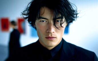 A young man with tousled black hair and a serious expression wears a black suit, standing indoors with blurred colorful artwork and another person visible in the background.