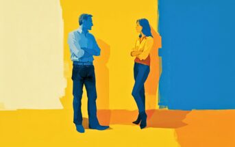 A man and a woman stand facing each other with arms crossed, set against a colorful abstract background with large blocks of yellow, blue, and white. Both appear to be engaged in conversation.