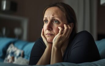 A woman sits on a blue couch, resting her chin in her hands and gazing ahead with a thoughtful, worried expression. The room around her is softly lit and blurred in the background.