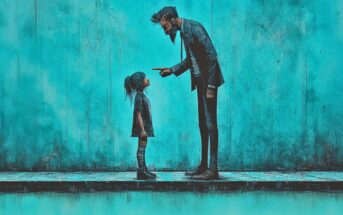 A man in a suit sternly points his finger at a young girl as they stand facing each other against a textured blue wall. The girl looks up at the man with a serious expression.