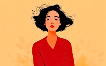 Illustration of a woman with short, wavy black hair wearing a red top, looking slightly upward with a neutral expression, set against a light yellow background with subtle leaf patterns.
