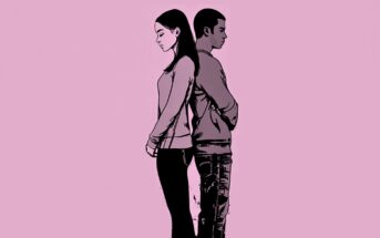 An illustration of a woman and a man standing back to back with their heads bowed, eyes closed, and arms hanging at their sides, against a plain pink background.