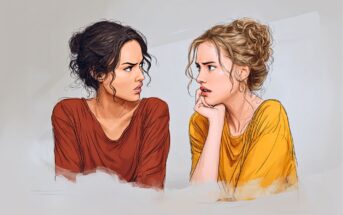 Two women sit side by side, facing each other with concerned and confused expressions. One wears a brown shirt, the other a yellow shirt. Both have curly hair styled in loose buns. The background is light and minimal.