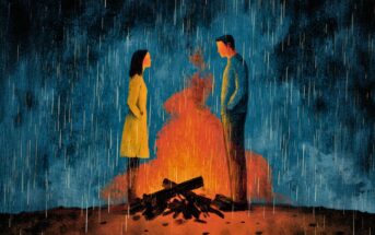 A man and woman stand facing each other in the rain, separated by a glowing campfire. The scene is dark and moody, with blue tones and falling rain contrasting the warm, orange fire between them.