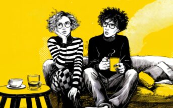 A black-and-white illustration of two people with curly hair and glasses sitting on a couch against a bright yellow background. One holds a mug, the other rests their chin on their hand. A small table with cups is in front of them.