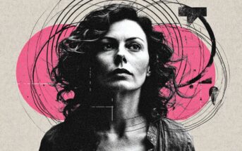 A woman with wavy hair looks upward, surrounded by abstract black lines and shapes, with a bold pink oval in the background. The image has a textured, artistic, and somewhat surreal style.