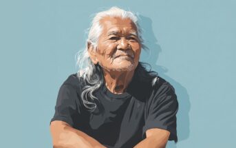 Digital illustration of an elderly person with long white hair and a black t-shirt, smiling while sitting with arms crossed against a plain light blue background.