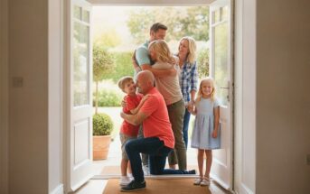 A family warmly greets each other at the front door. Two adults hug, another adult kneels to hug a young boy, while a smiling girl in a light blue dress stands nearby. Sunlight streams through the open door.