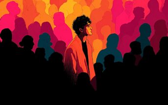 A person with curly hair stands out in vibrant light among a crowd of shadowy silhouettes, surrounded by bold orange, pink, and yellow hues.