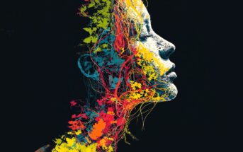 Profile of a woman’s face, depicted in white against a black background, overlaid with vibrant, abstract splashes of yellow, red, orange, and blue resembling paint and foliage.