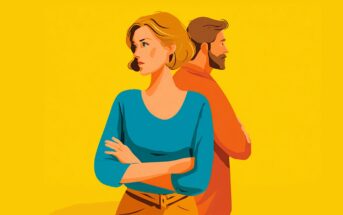Illustration of a woman and a man standing back to back with arms crossed, both looking away from each other, against a bright yellow background.