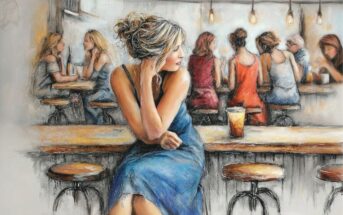 A woman in a blue dress sits alone at a counter with a drink, looking to her left. Behind her, several people sit together on stools, chatting in a warmly lit cafe or bar. The scene is rendered in a painterly, impressionistic style.