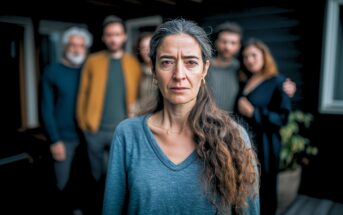 A woman with long graying hair stands in focus at the front, looking serious. Five people are blurred in the background, suggesting a family or group setting. The mood appears somber or tense.