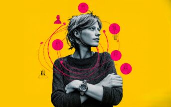 A woman stands with arms crossed against a bright yellow background, surrounded by illustrated pink circles connected by lines, each containing simplified portraits of different people.