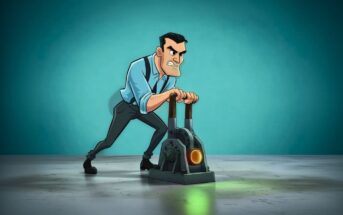 Animated man with slick black hair, rolled-up sleeves, and suspenders strains to pull two large levers on a metal device that glows green, set in a plain room with a teal background.