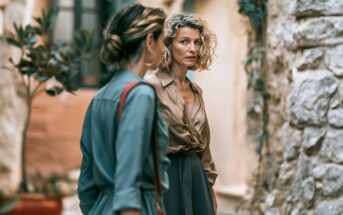 Two women stand in a narrow, sunlit alley with stone walls and potted plants. One woman with curly blonde hair looks at the other, who has her back partly turned. Both wear stylish, neutral-toned outfits.