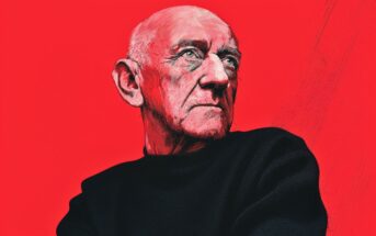 A digital illustration of an older man with a bald head, wearing a black sweater, gazing thoughtfully to the side against a bright red background. The lighting emphasizes his facial features, giving the portrait a dramatic effect.