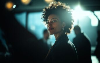 A woman with curly hair smiles softly while standing in a sunlit room with blurred people in the background. She wears earrings and looks confidently toward the camera, with sunlight creating a glow behind her.