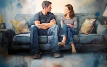 A man and woman sit on a blue couch with crossed arms, facing each other with serious expressions. The background and cushions are softly painted, conveying a tense or emotional conversation.