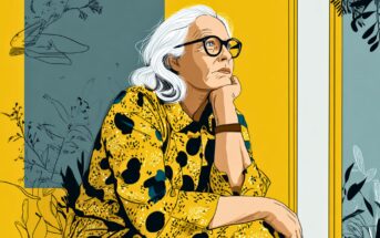 An elderly woman with long white hair and glasses, wearing a yellow patterned dress, sits thoughtfully with her chin resting on her hand against a colorful background of blue, yellow, and floral designs.