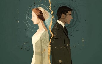 A bride and groom stand back-to-back, separated by a jagged golden crack, set against a green background with swirling lines, symbolizing separation or emotional distance.